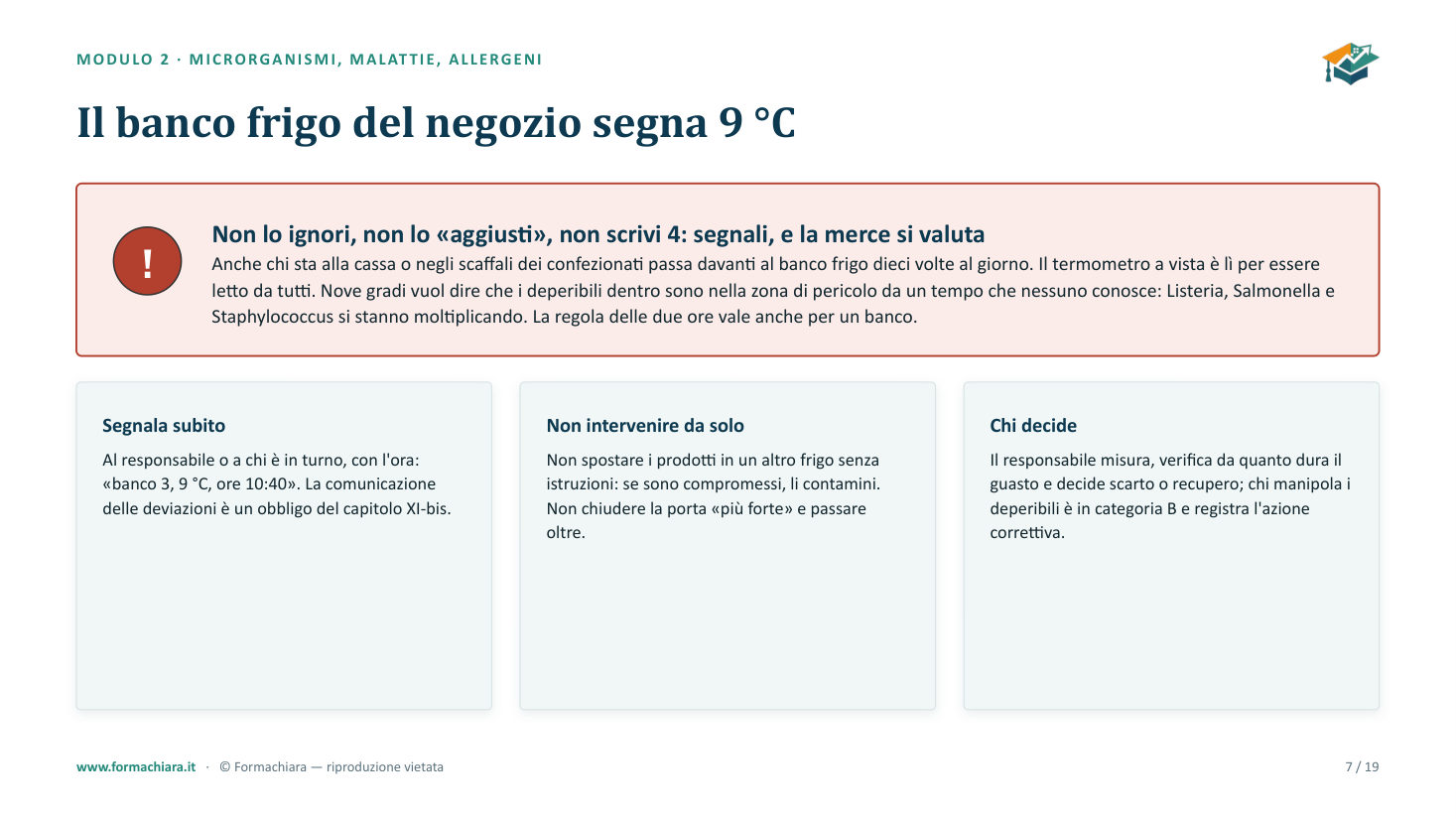 Slide del corso di aggiornamento HACCP: «Il banco frigo del negozio segna 9 °C»